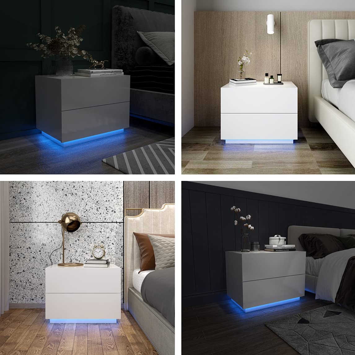 Bedside Table, LED High Gloss Bedside Table with 2 Drawers